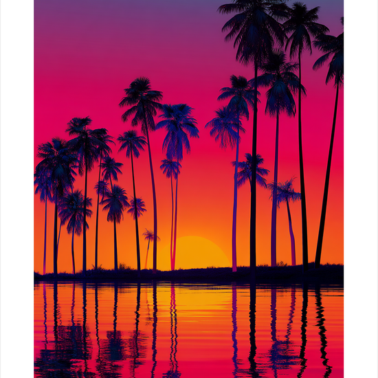 Aftenens palmesus ved vandet - No Frame, With White Border