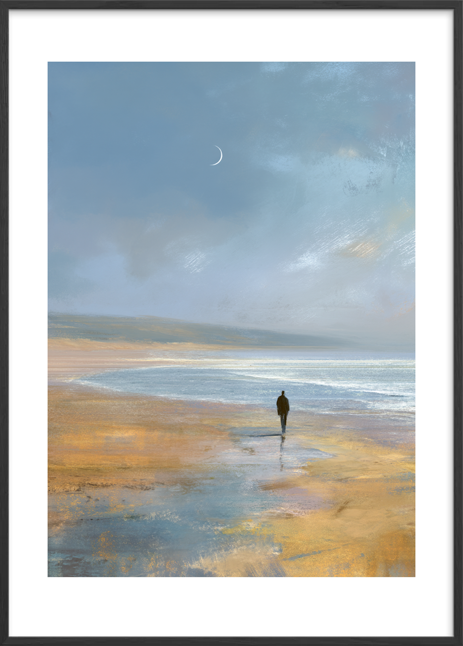 Måneskæret hvisker over havet - Black Frame, With White Border