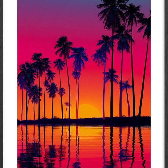 Aftenens palmesus ved vandet - Black Frame, With White Border