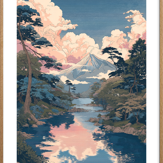 Hviskende skyer over bjerget - Oak Frame, With White Border