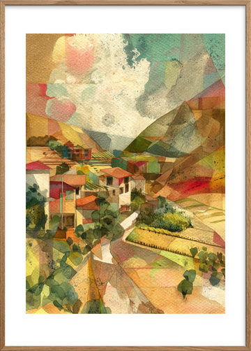 Lyden af fjernt landsbyliv - Oak Frame, With White Border