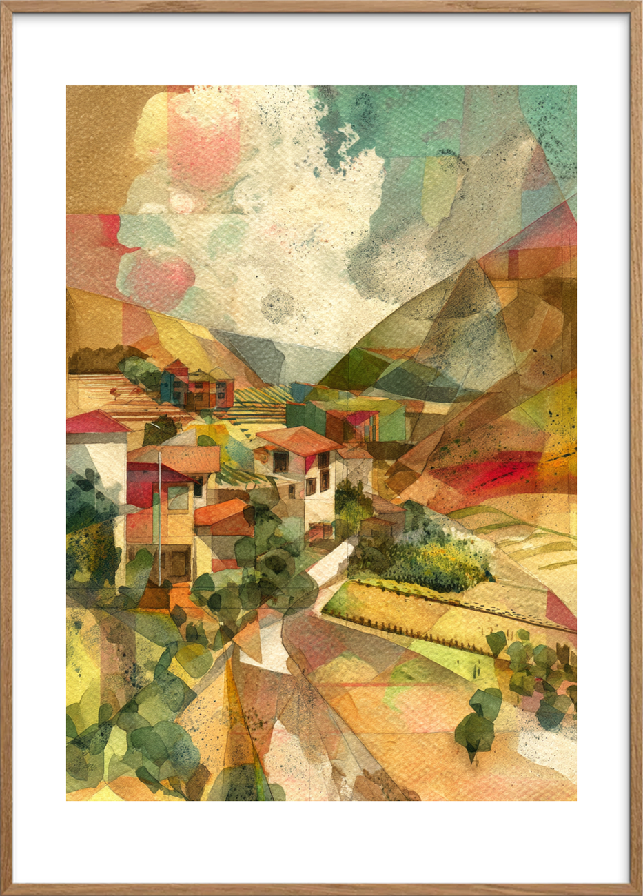 Lyden af fjernt landsbyliv - Oak Frame, With White Border