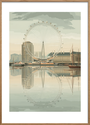 Sus over spejlende by - Oak Frame, With White Border