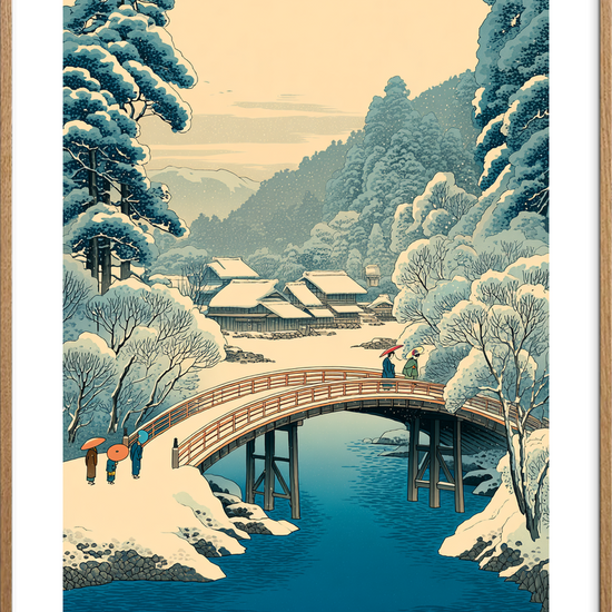 Sneen hvisker over broen - Oak Frame, With White Border