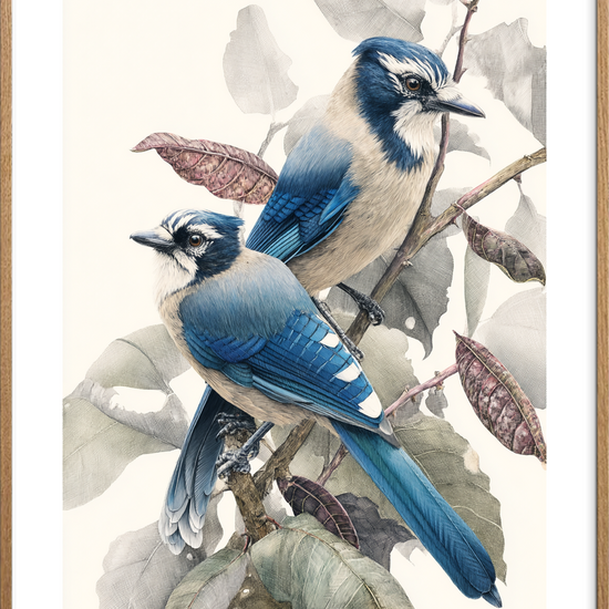 Blå hvisken i grenene - Oak Frame, With White Border