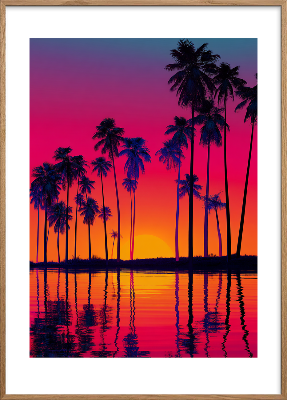 Aftenens palmesus ved vandet - Oak Frame, With White Border