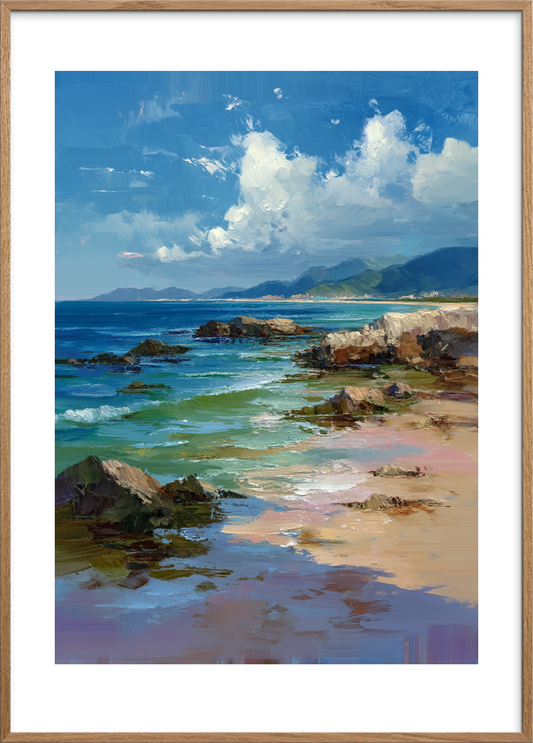 Havets hvisken ved klippen - Oak Frame, With White Border