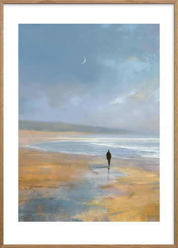 Måneskæret hvisker over havet - Oak Frame, With White Border