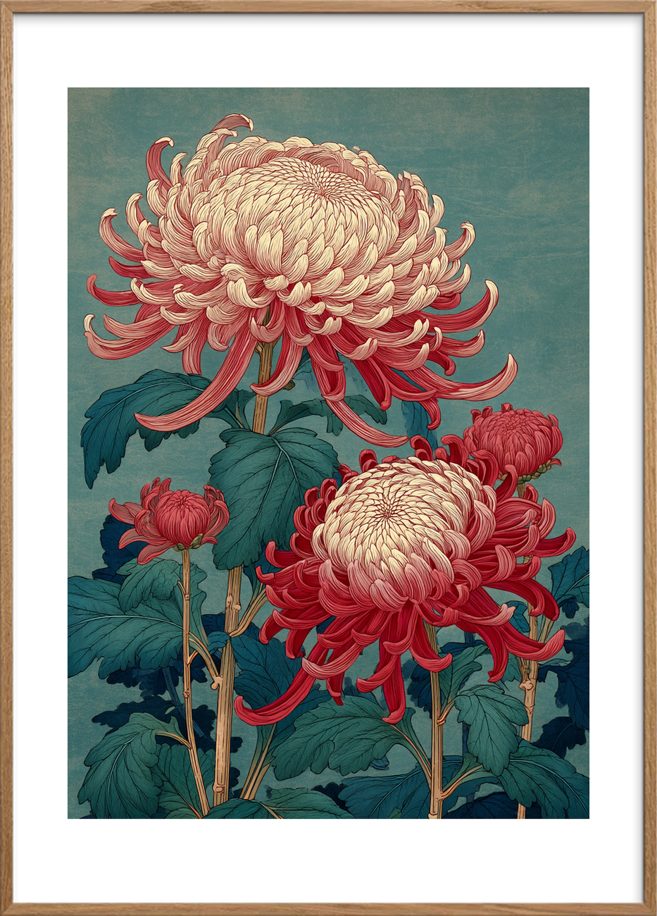 Silkesus over høstblomster - Oak Frame, With White Border