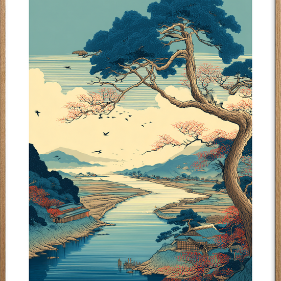 Vindens sang over floden - Oak Frame, With White Border