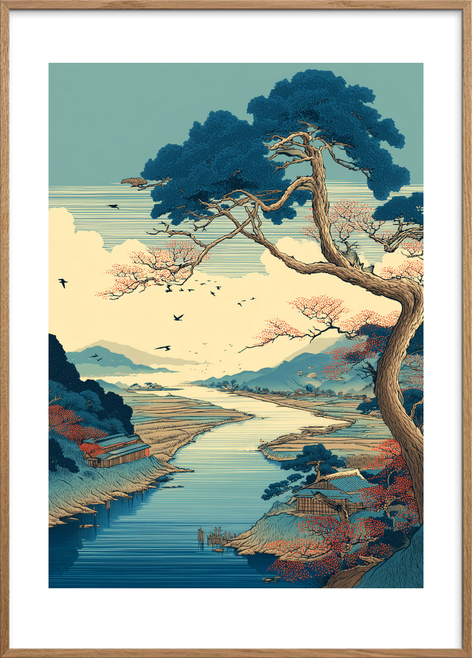 Vindens sang over floden - Oak Frame, With White Border