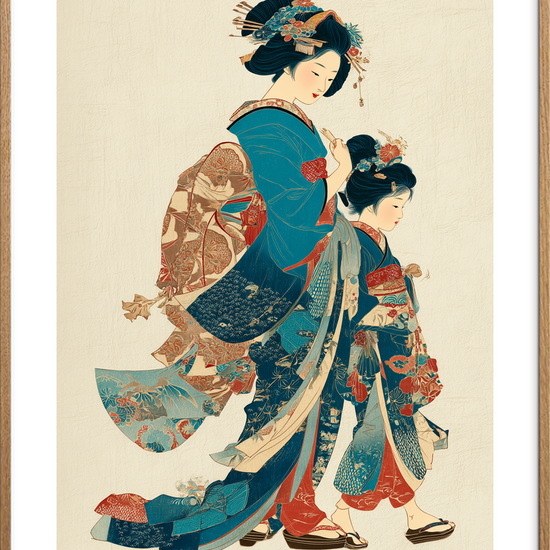 Silkesus fra broderede kimonoer - Oak Frame, With White Border