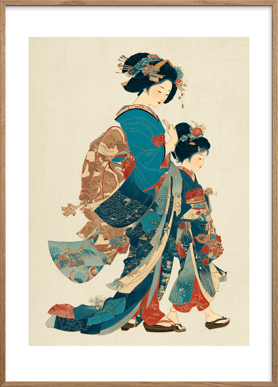 Silkesus fra broderede kimonoer - Oak Frame, With White Border