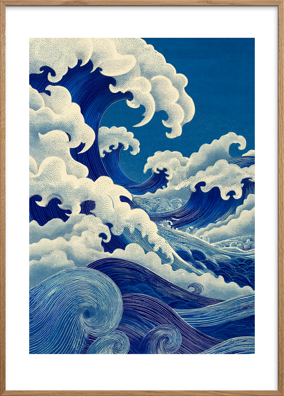 Havets blå brøl - Oak Frame, With White Border