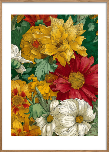 Silkesus i blomsterhaven - Oak Frame, With White Border