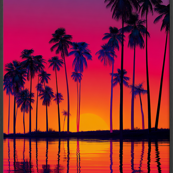 Aftenens palmesus ved vandet - Black Frame, No Border