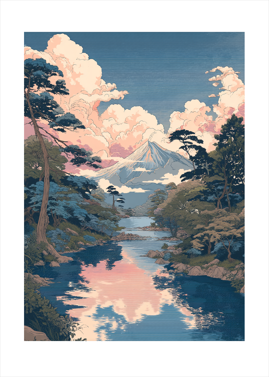 Hviskende skyer over bjerget - No Frame, With White Border