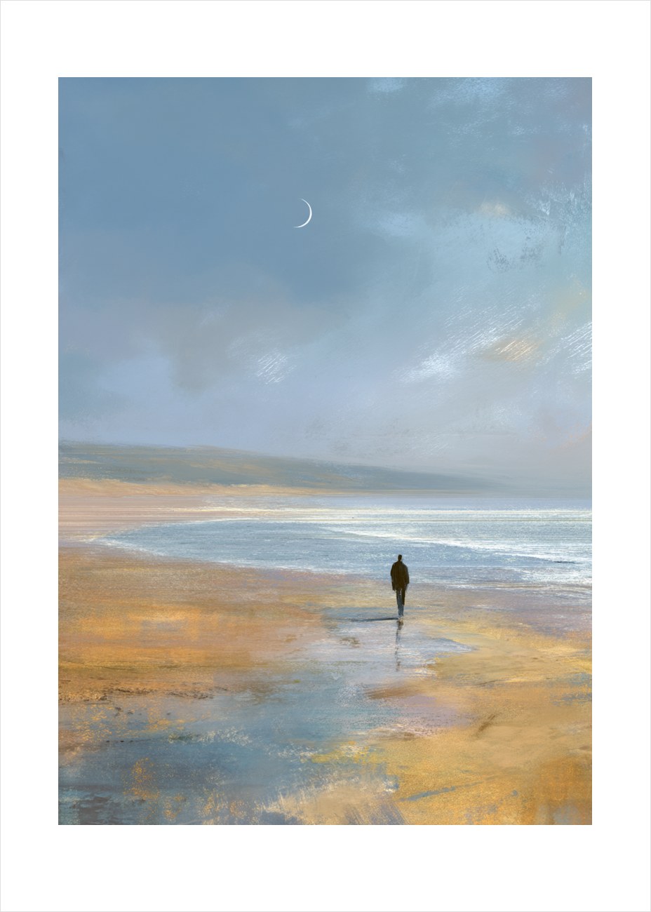 Måneskæret hvisker over havet - No Frame, With White Border