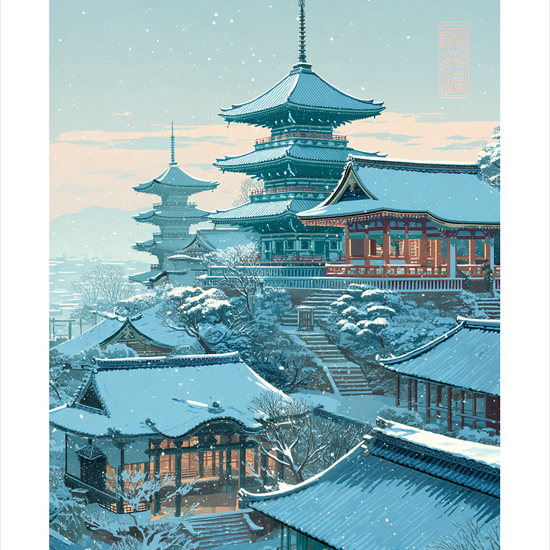 Hviskende sne over pagoder - No Frame, With White Border