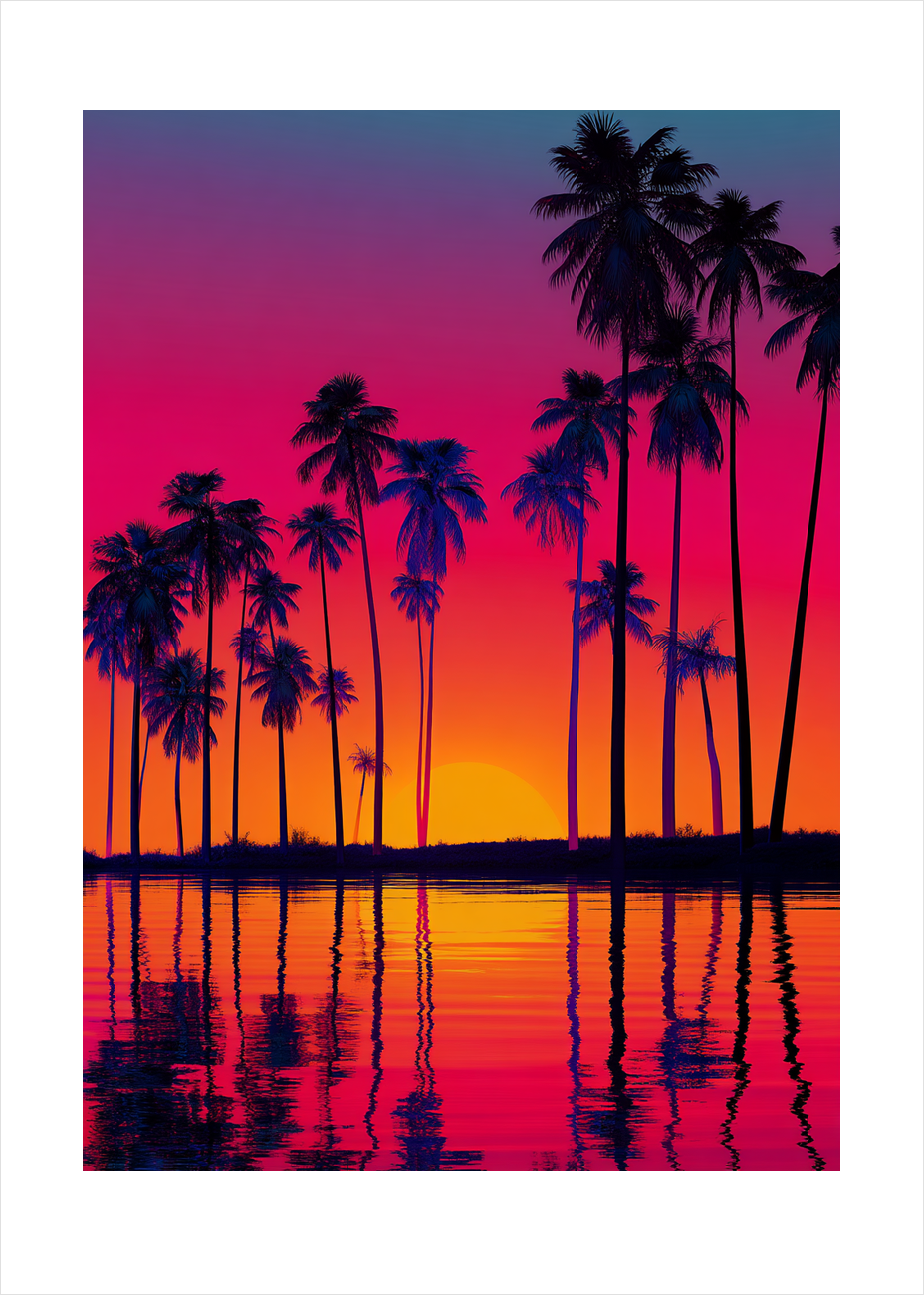 Aftenens palmesus ved vandet - No Frame, With White Border