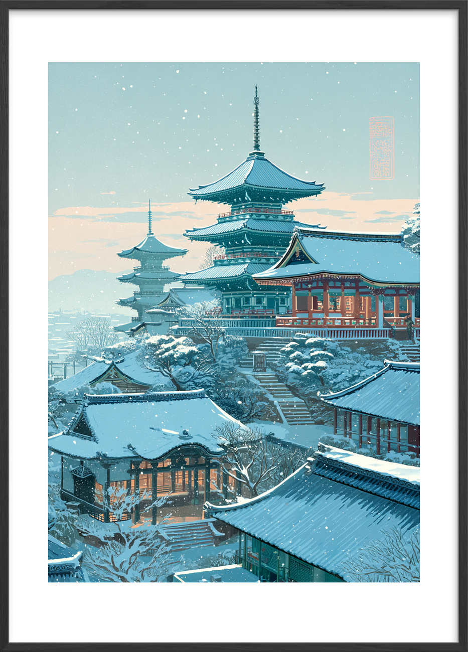 Hviskende sne over pagoder - Black Frame, With White Border