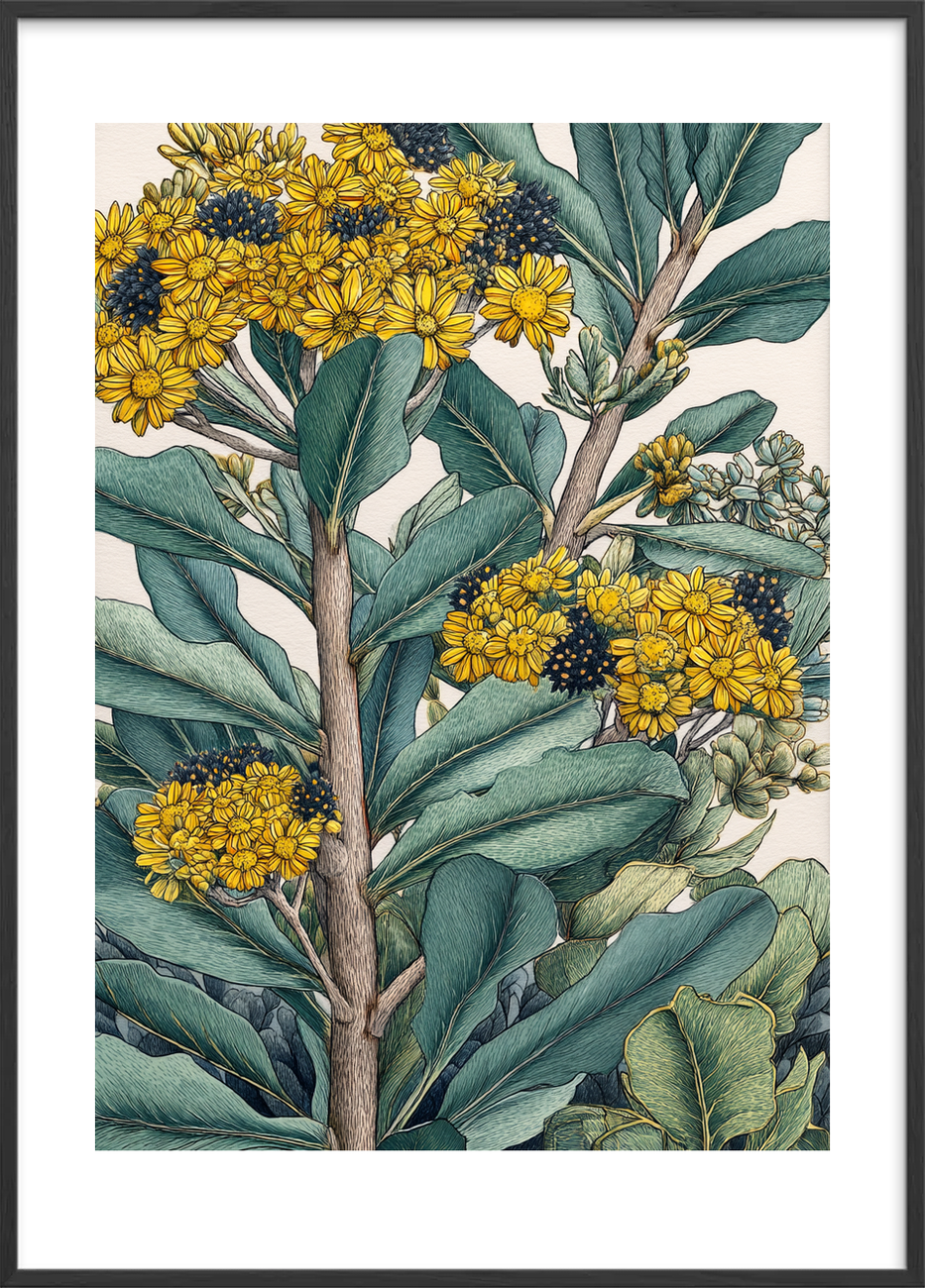 Gult sus i grønne blade - Black Frame, With White Border