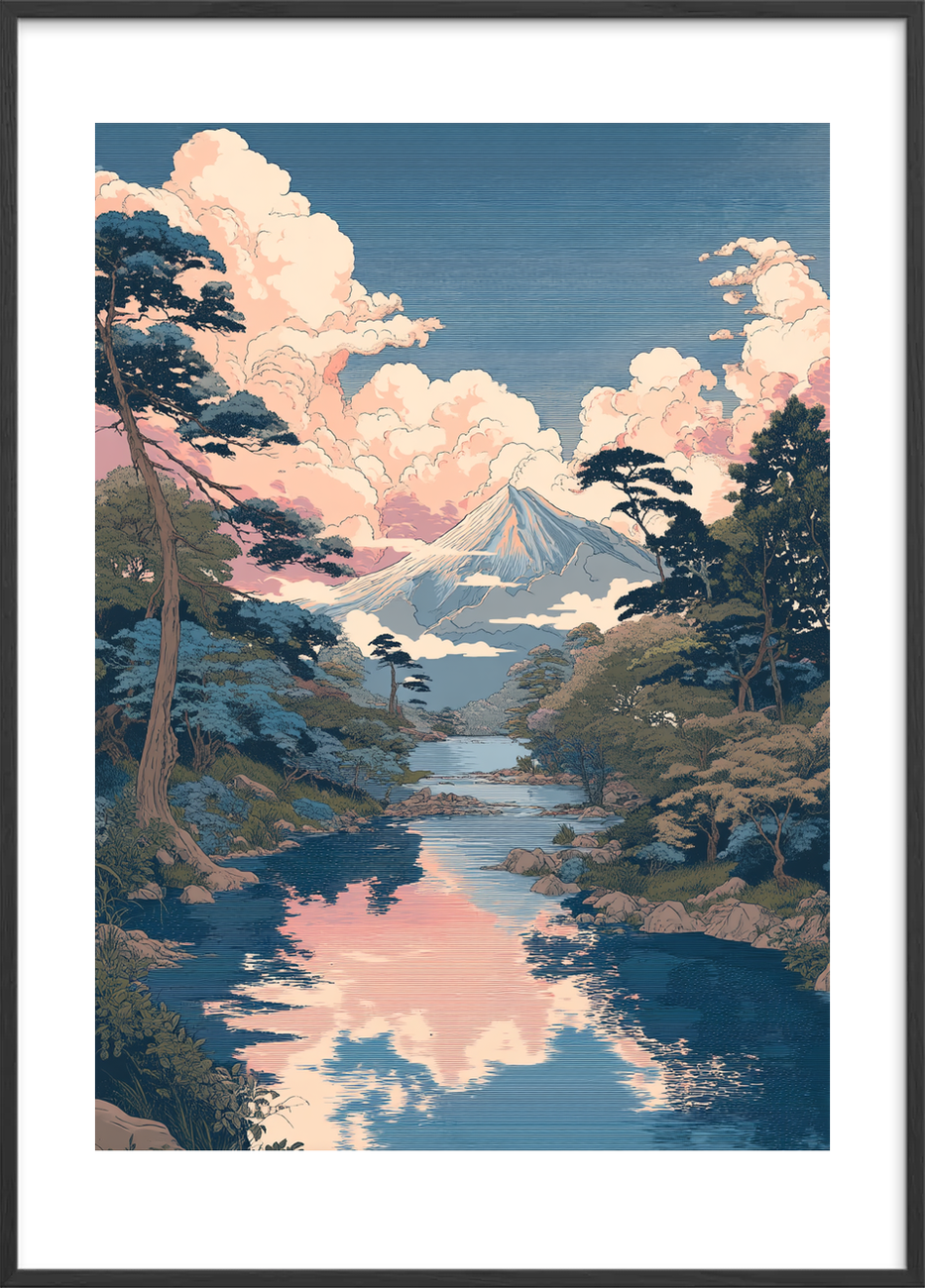 Hviskende skyer over bjerget - Black Frame, With White Border