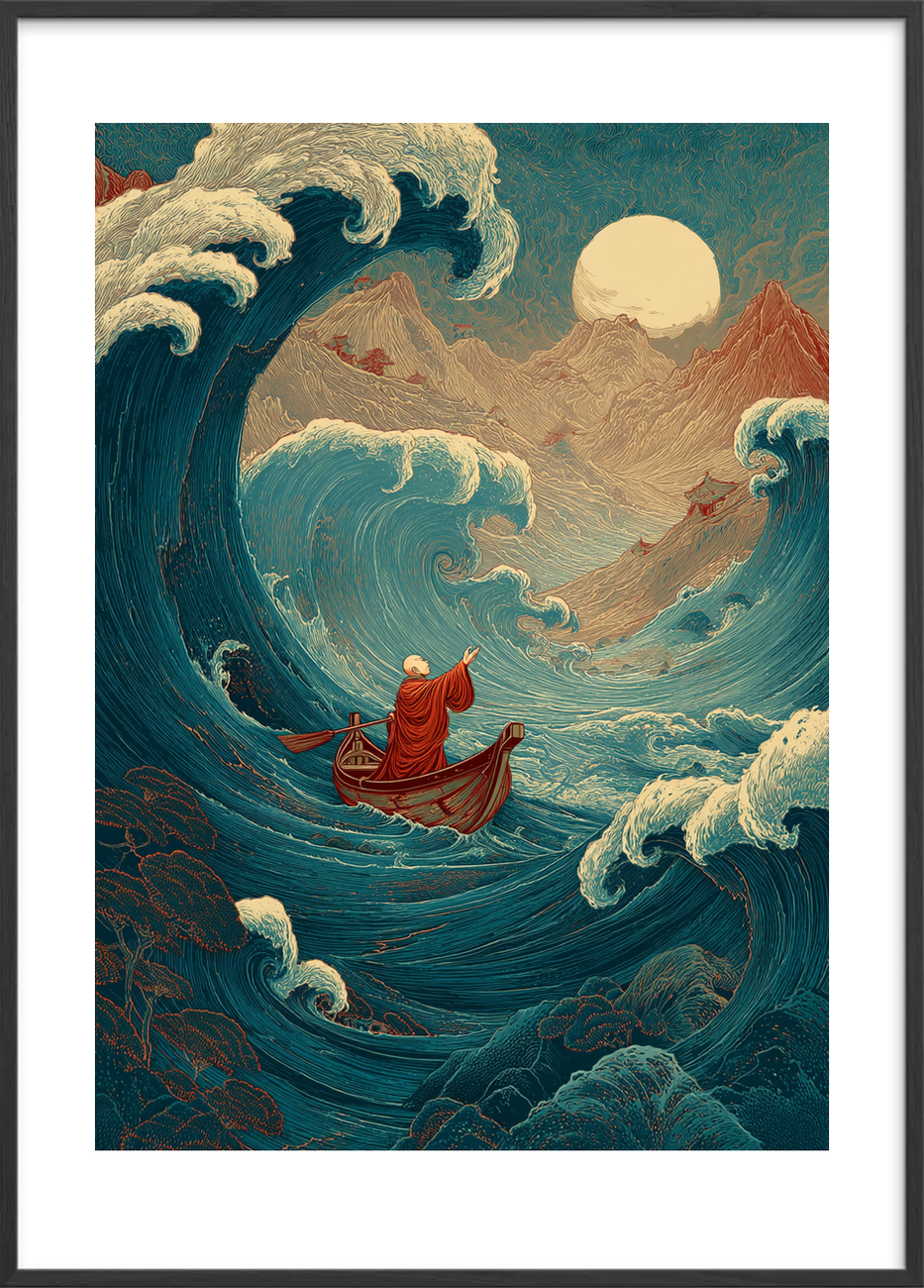 Månens hvisken i brændingen - Black Frame, With White Border