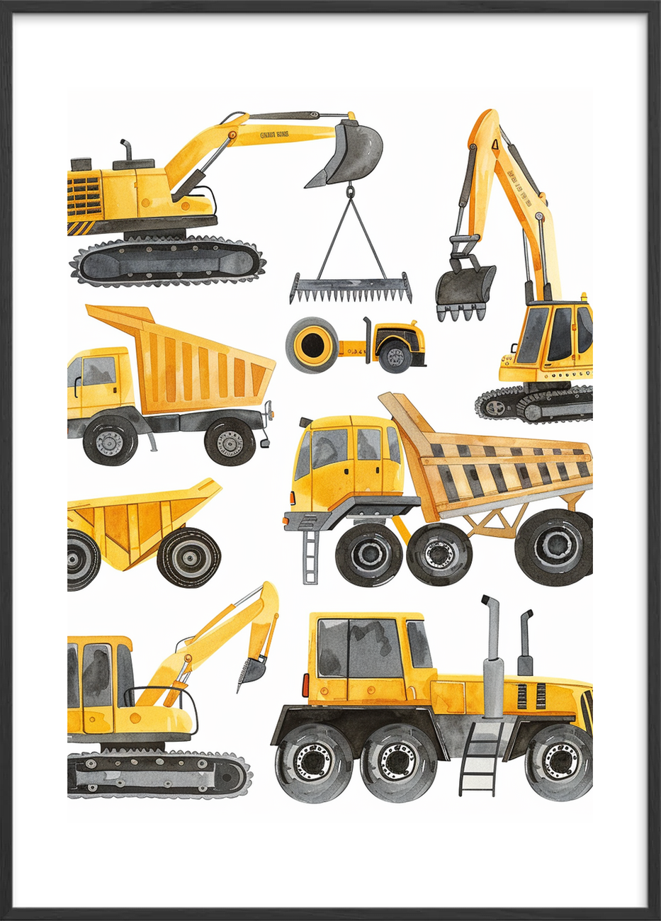 Buldrende gule maskiners sang - Black Frame, With White Border