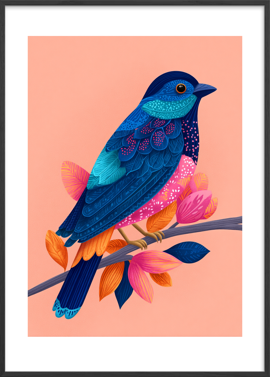 Blå fjer hvisker melodier - Black Frame, With White Border