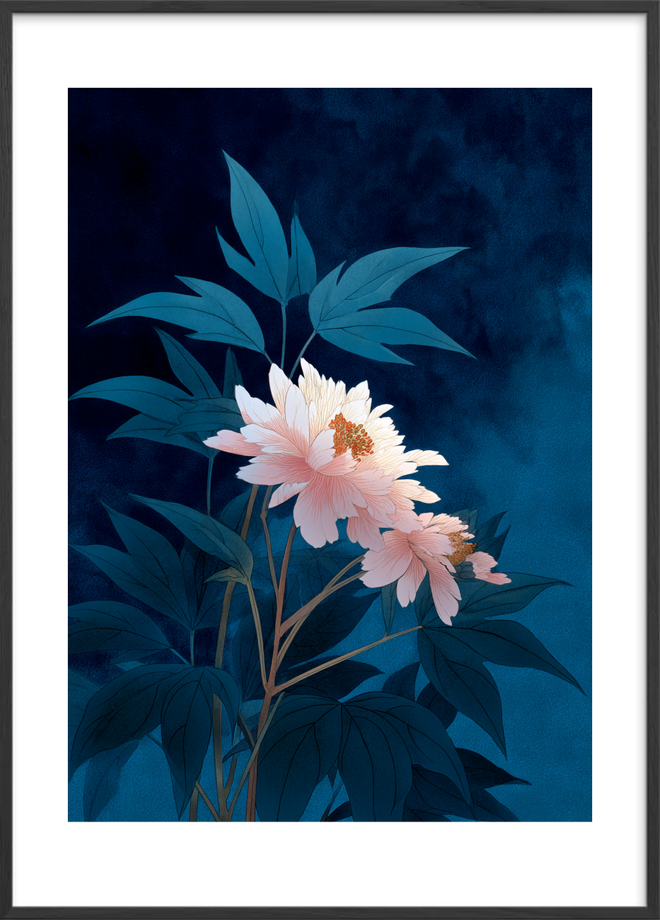 Nattens hvisken i blomst - Black Frame, With White Border