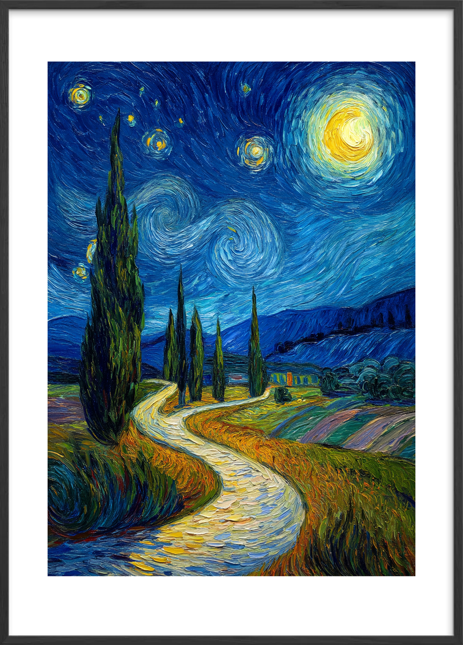 Nattens hvisken langs stien - Black Frame, With White Border