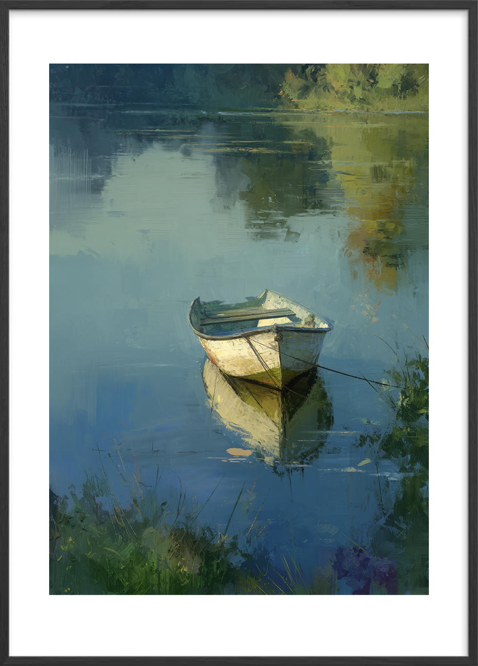 Bådens hvisken i morgendisen - Black Frame, With White Border