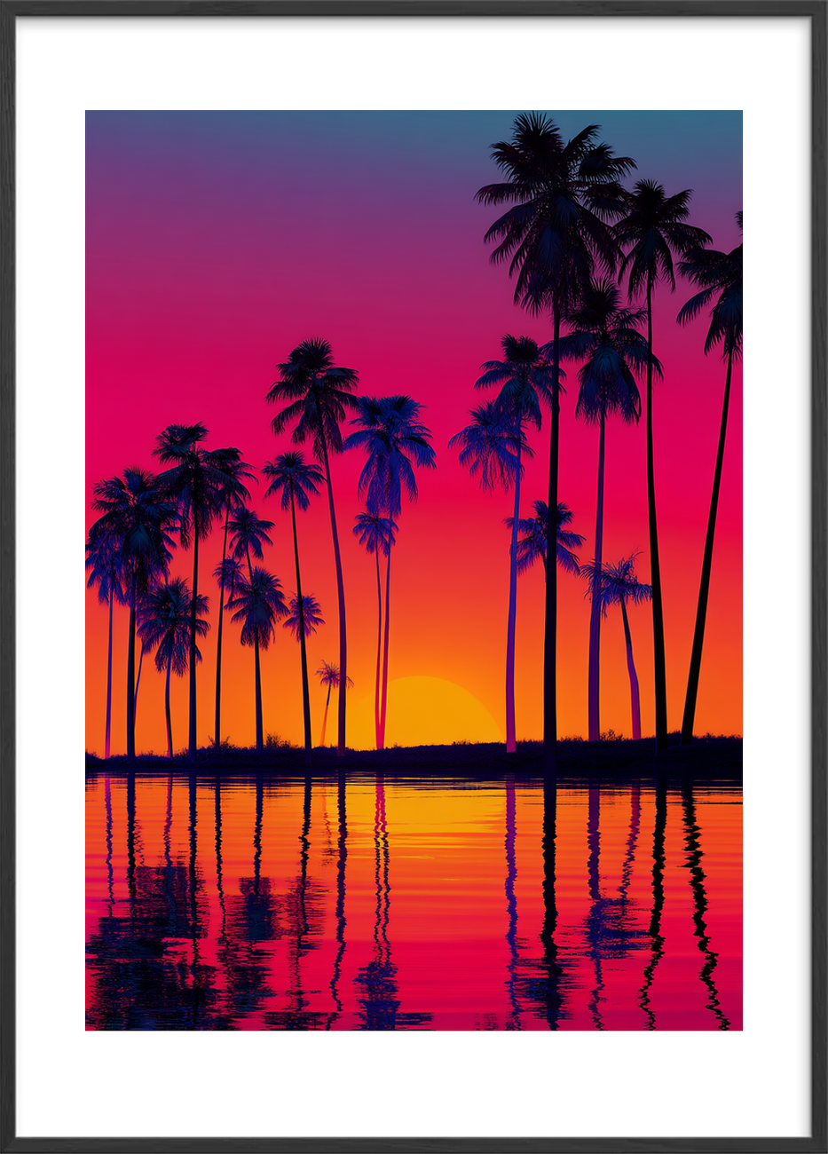 Aftenens palmesus ved vandet - Black Frame, With White Border