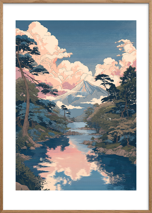 Hviskende skyer over bjerget - Oak Frame, With White Border