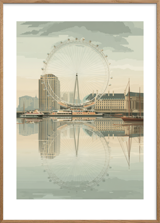 Sus over spejlende by - Oak Frame, With White Border