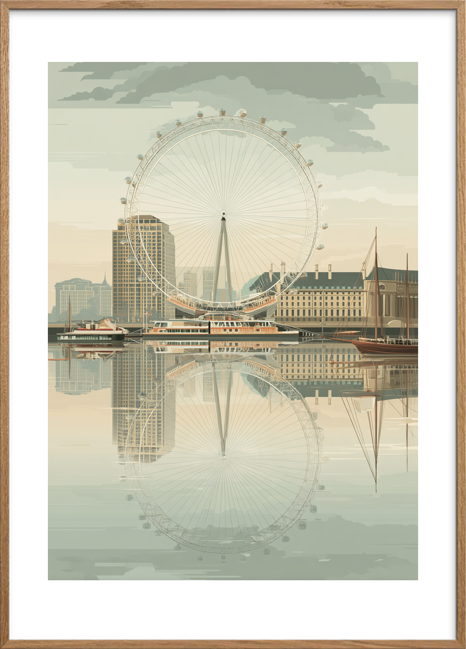 Sus over spejlende by - Oak Frame, With White Border