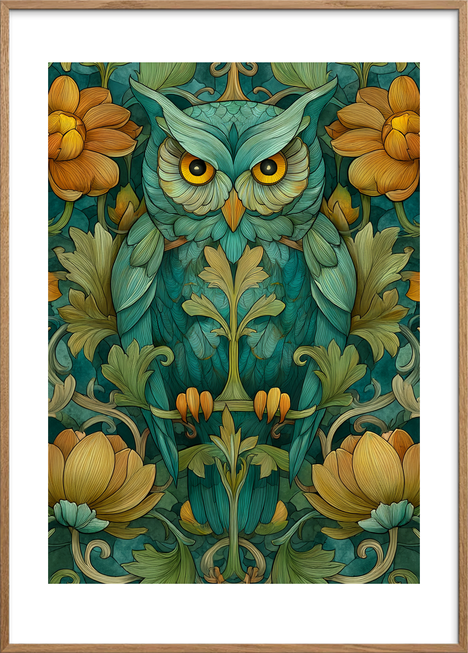 Uglens smaragdklang - Oak Frame, With White Border