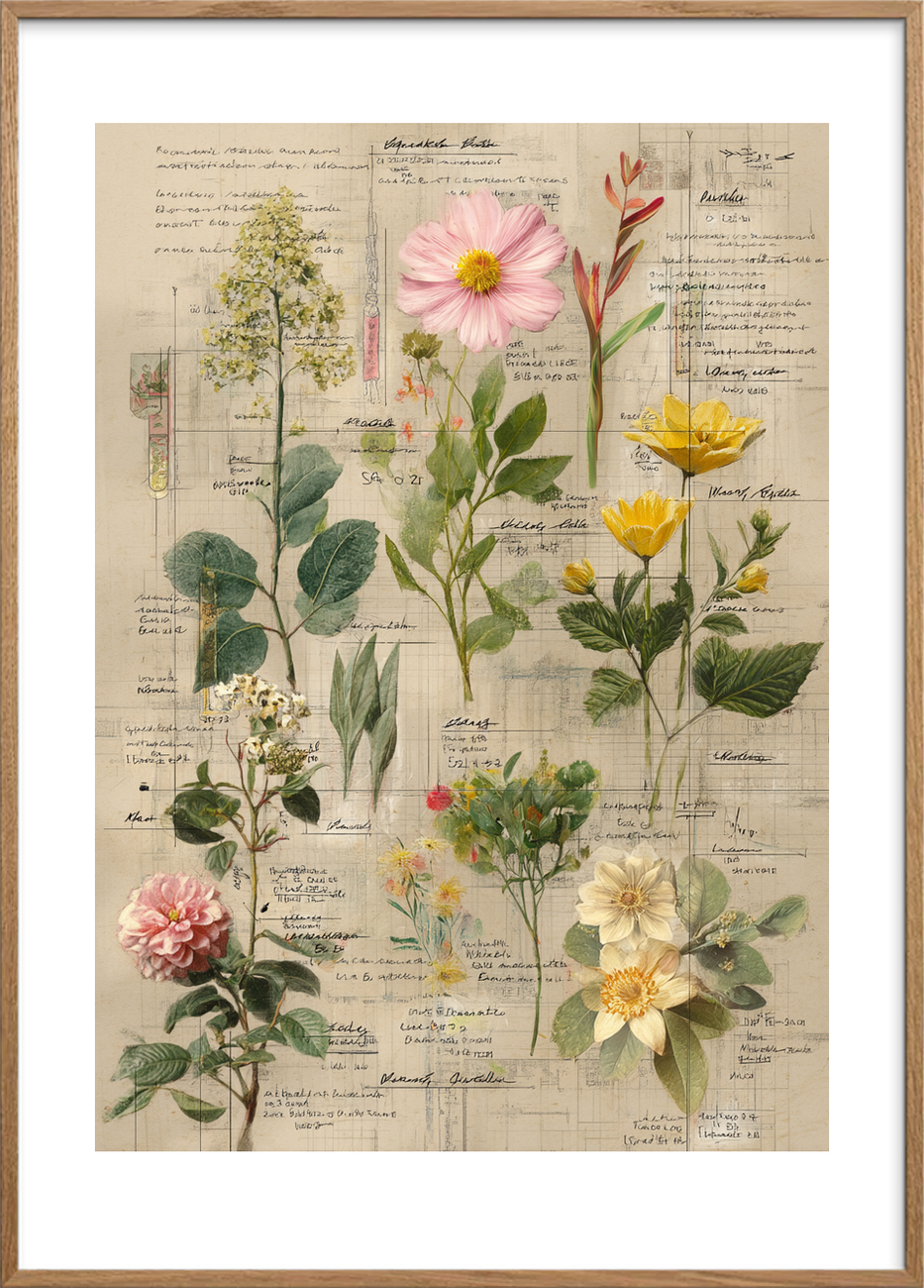 Blomsternes hvisken på papir - Oak Frame, With White Border