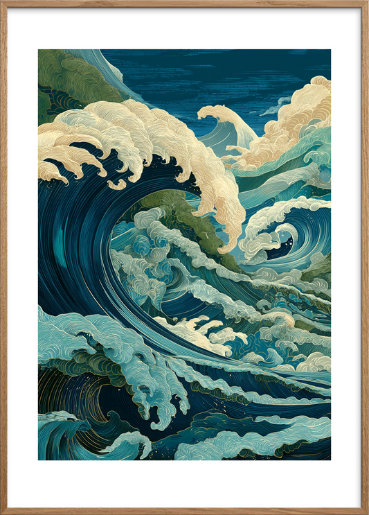 Havets hviskende brøl - Oak Frame, With White Border