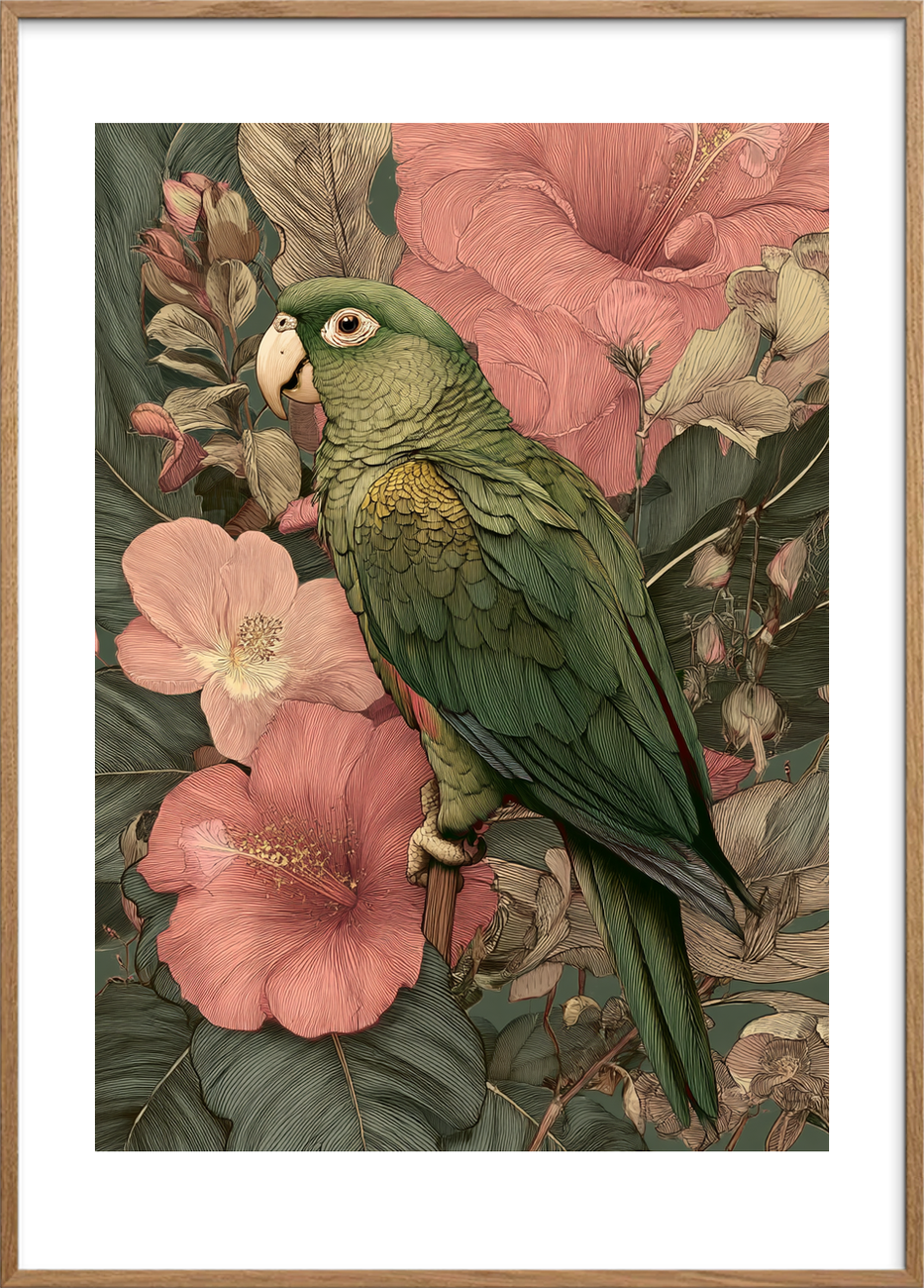 Tropens hvisken i fjer - Oak Frame, With White Border