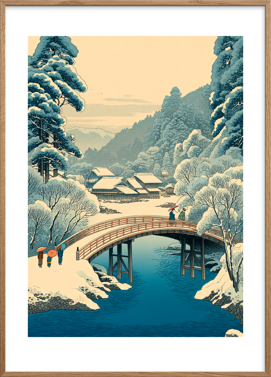 Sneen hvisker over broen - Oak Frame, With White Border