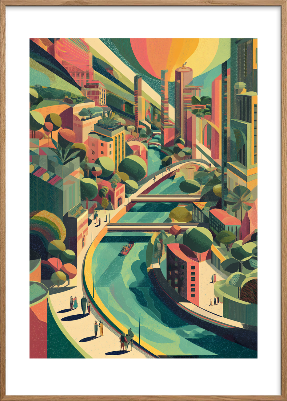 Byens hvisken af vand - Oak Frame, With White Border