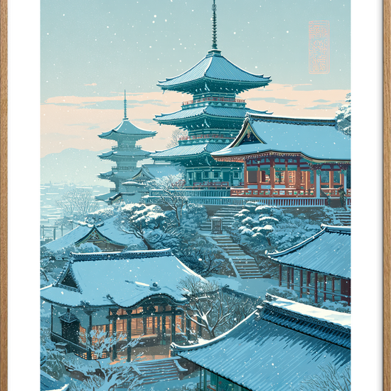 Hviskende sne over pagoder - Oak Frame, With White Border