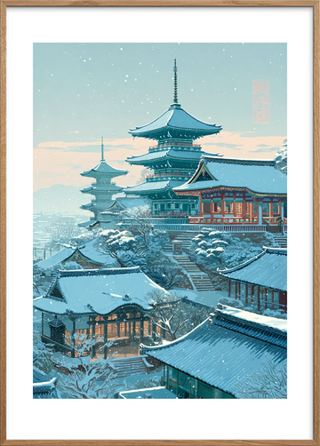 Hviskende sne over pagoder - Oak Frame, With White Border