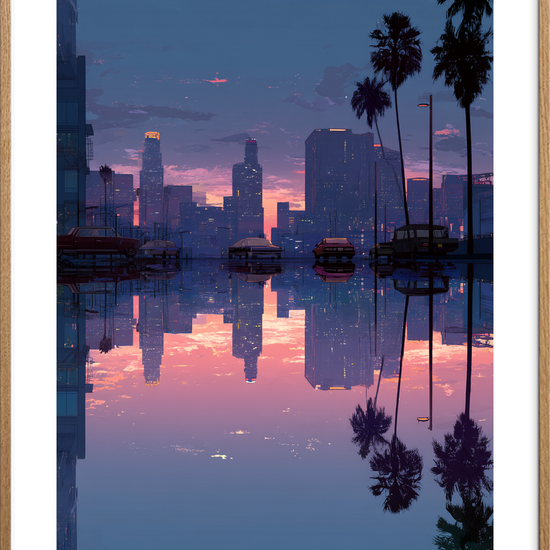 Byens hvisken ved solnedgang - Oak Frame, With White Border