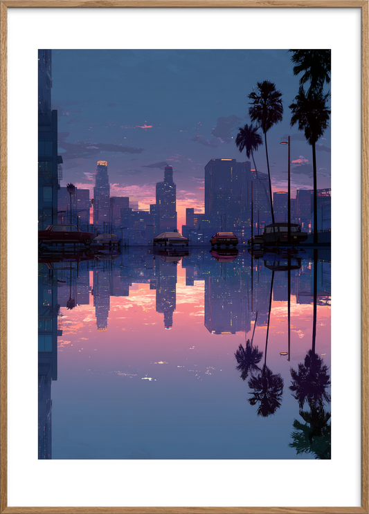 Byens hvisken ved solnedgang - Oak Frame, With White Border