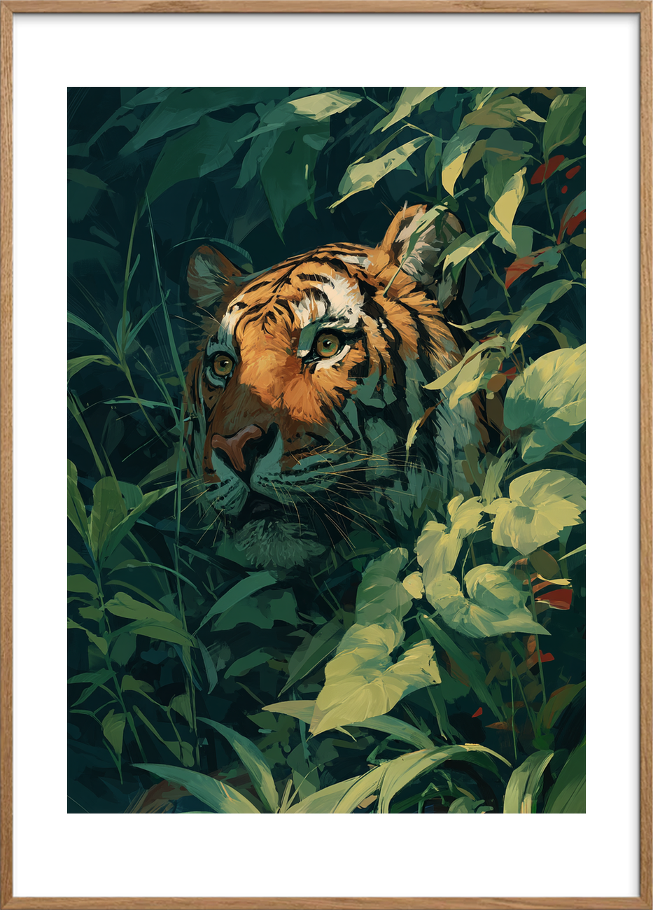 Tigerens bløde åndedrag - Oak Frame, With White Border