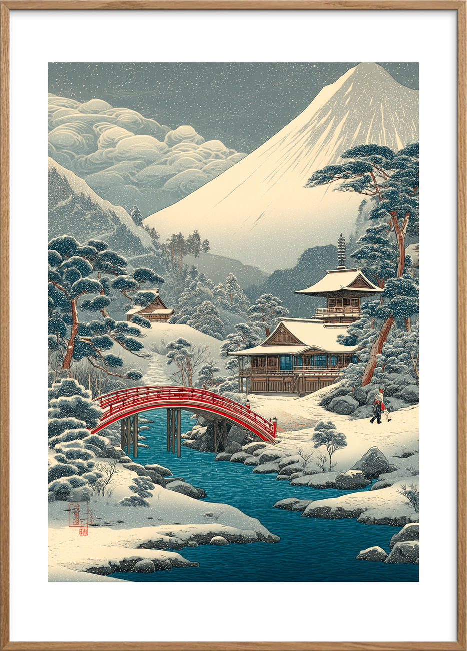 Sneens hvisken ved broen - Oak Frame, With White Border