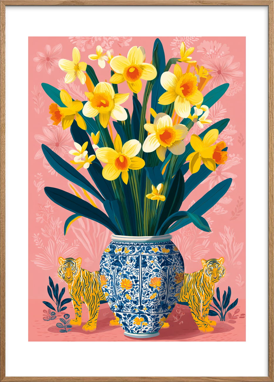 Påskeliljers guldbrøl - Oak Frame, With White Border